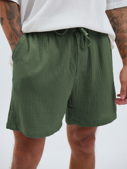 Men's Linen Comfort Vacation Drawstring Elastic Waist Shorts with Side Pockets