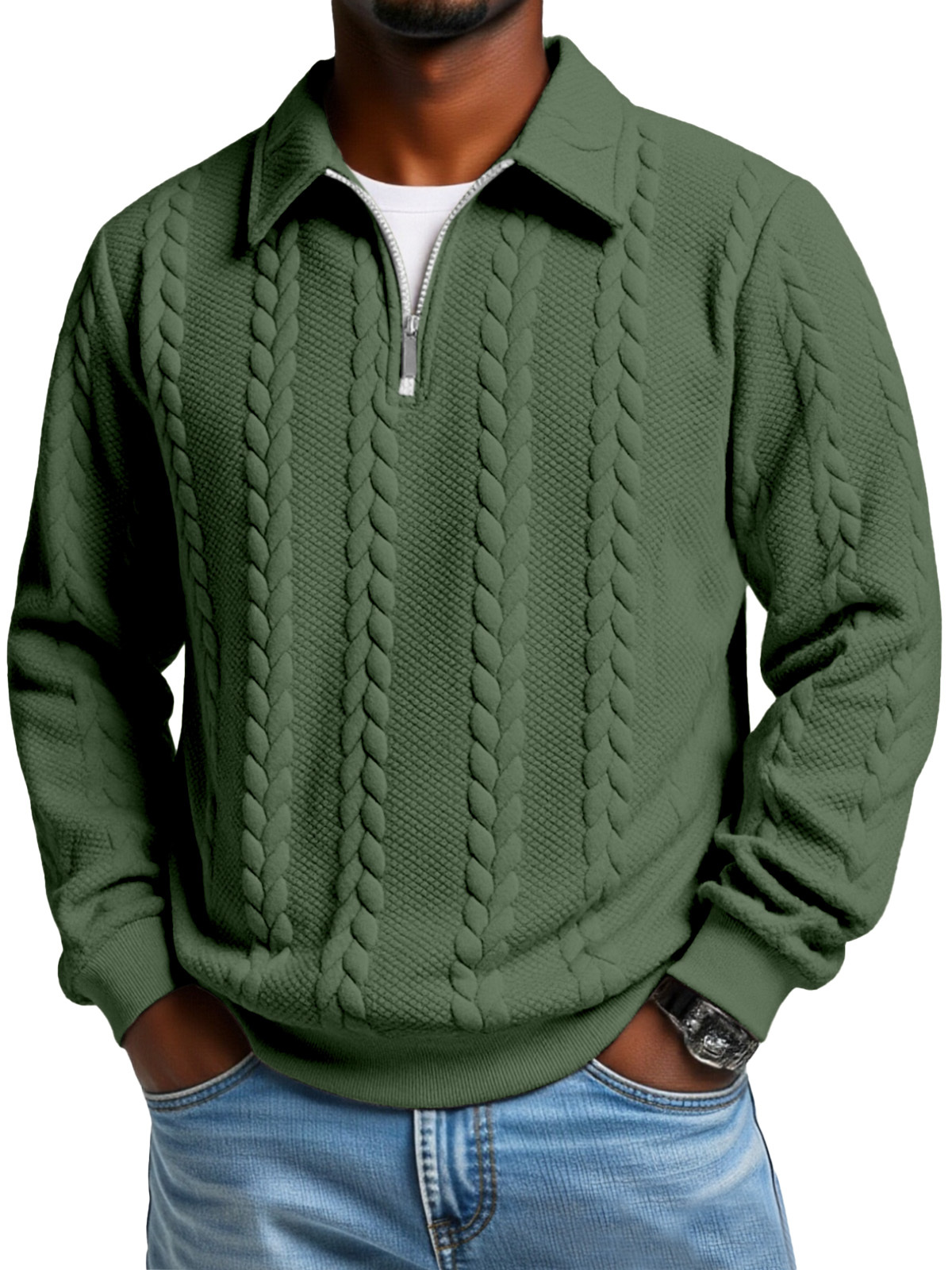 Men's Casual Solid Color Twist Texture Loose Long-sleeved Lapel Zipper Polo Shirt