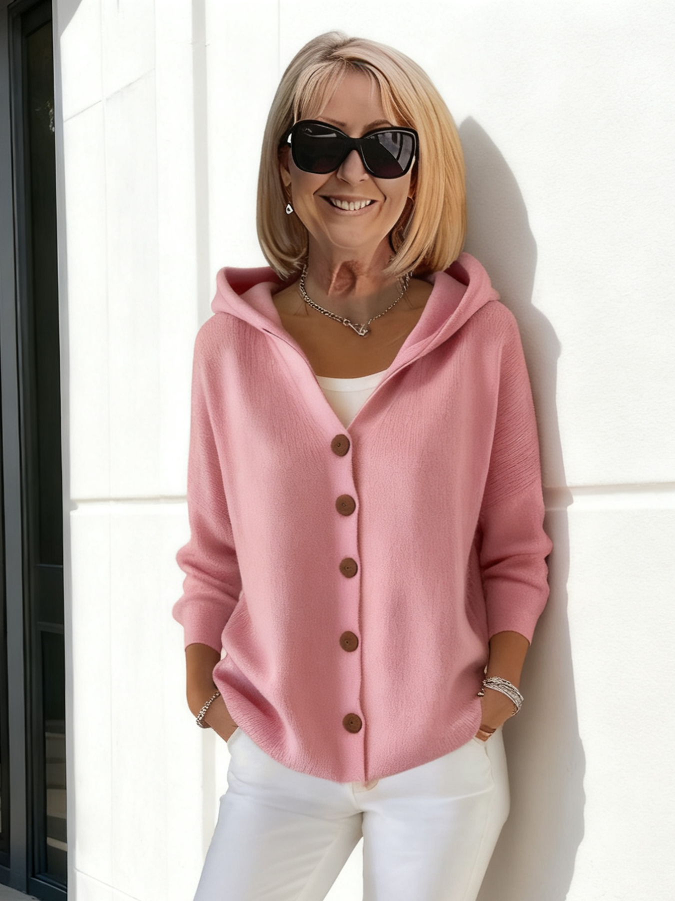 Button Knitted Hooded Sweater Cardigan Jacket Solid Color Casual Fashi