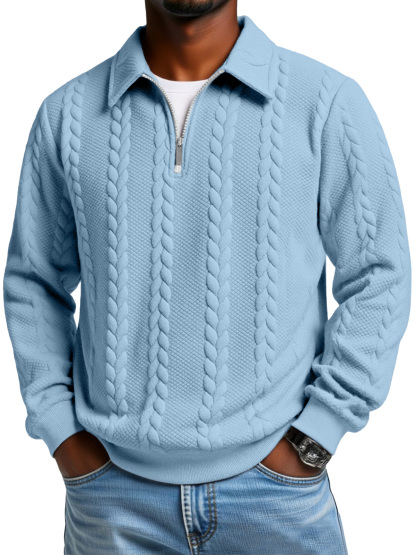 Men's Casual Solid Color Twist Texture Loose Long-sleeved Lapel Zipper Polo Shirt