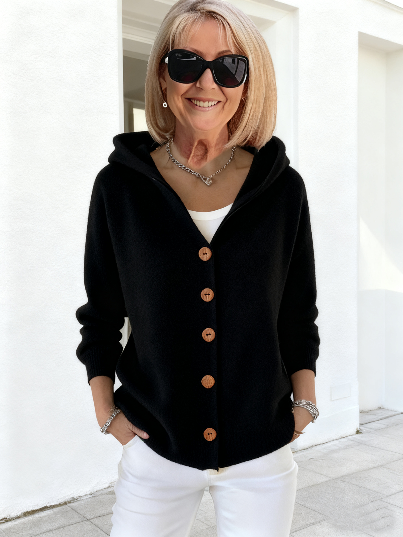 Button Knitted Hooded Sweater Cardigan Jacket Solid Color Casual Fashion Women's Clothing