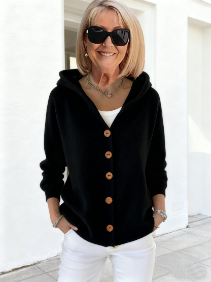 Button Knitted Hooded Sweater Cardigan Jacket Solid Color Casual Fashion Women's Clothing