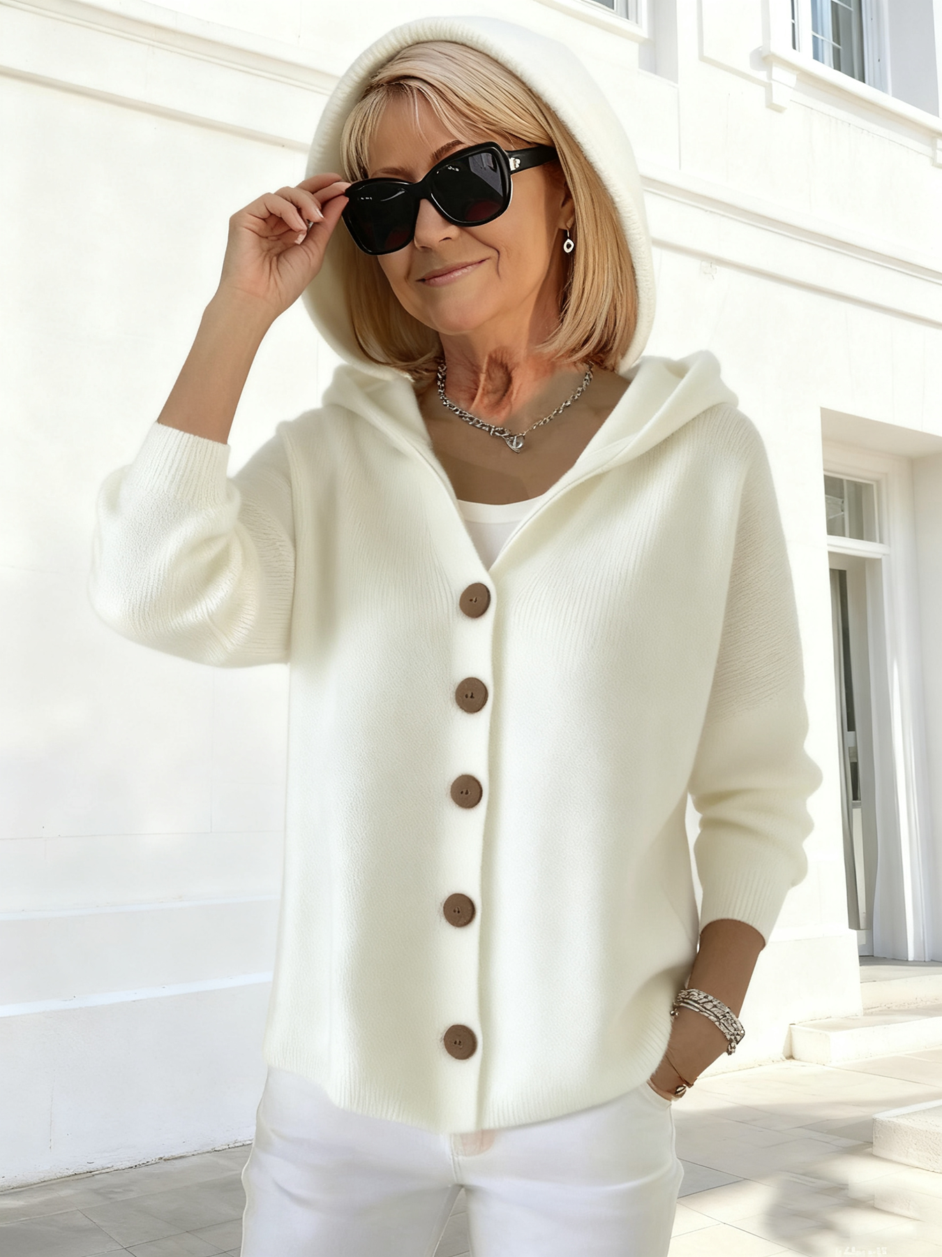 Button Knitted Hooded Sweater Cardigan Jacket Solid Color Casual Fashion Women's Clothing