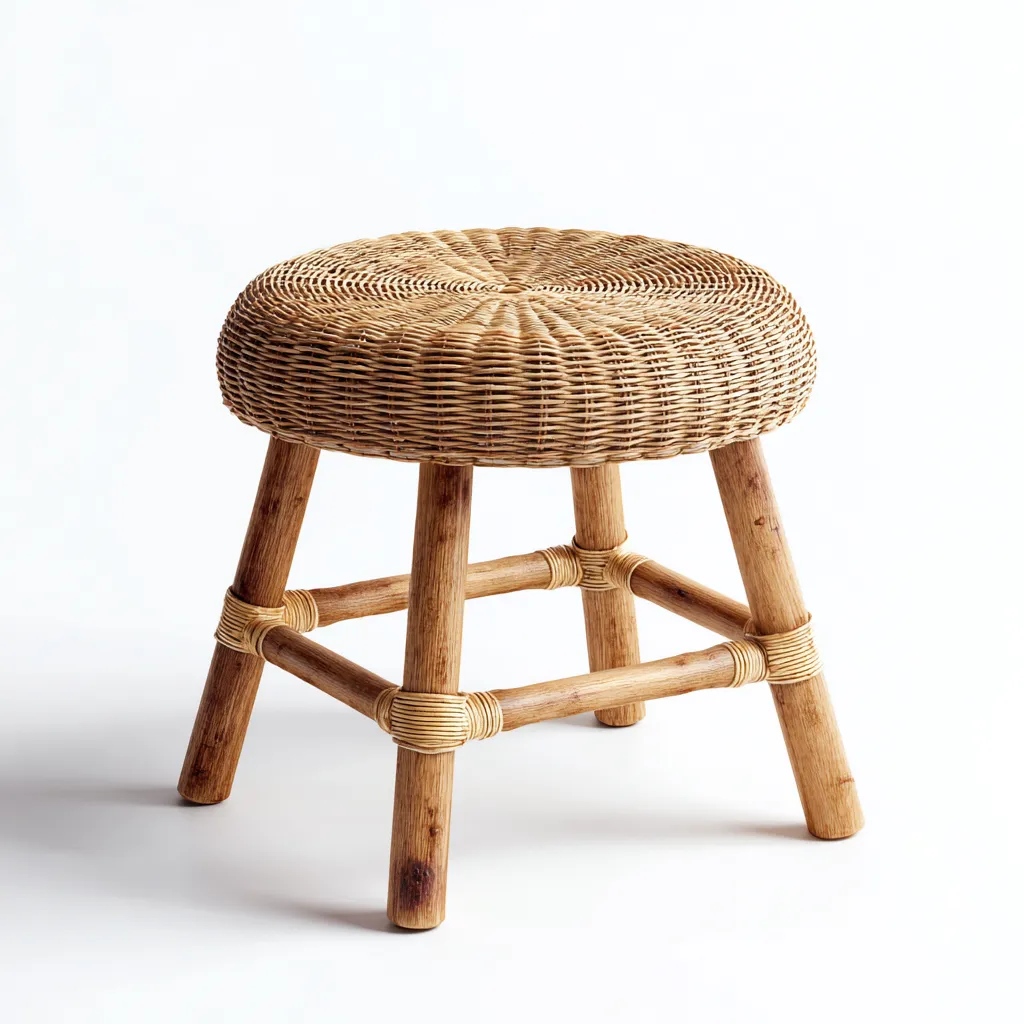 Tabouret en rotin et bois 38x38x45 cm - marron clair/chêne clair - style bohème pour salon-Homelyio