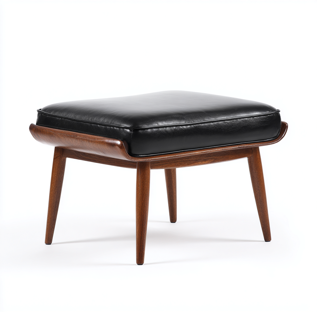 Tabouret avec assise en cuir synthétique noir et base en bois 50x40x42 cm - noir/noix - pour salon - style vintage-Homelyio