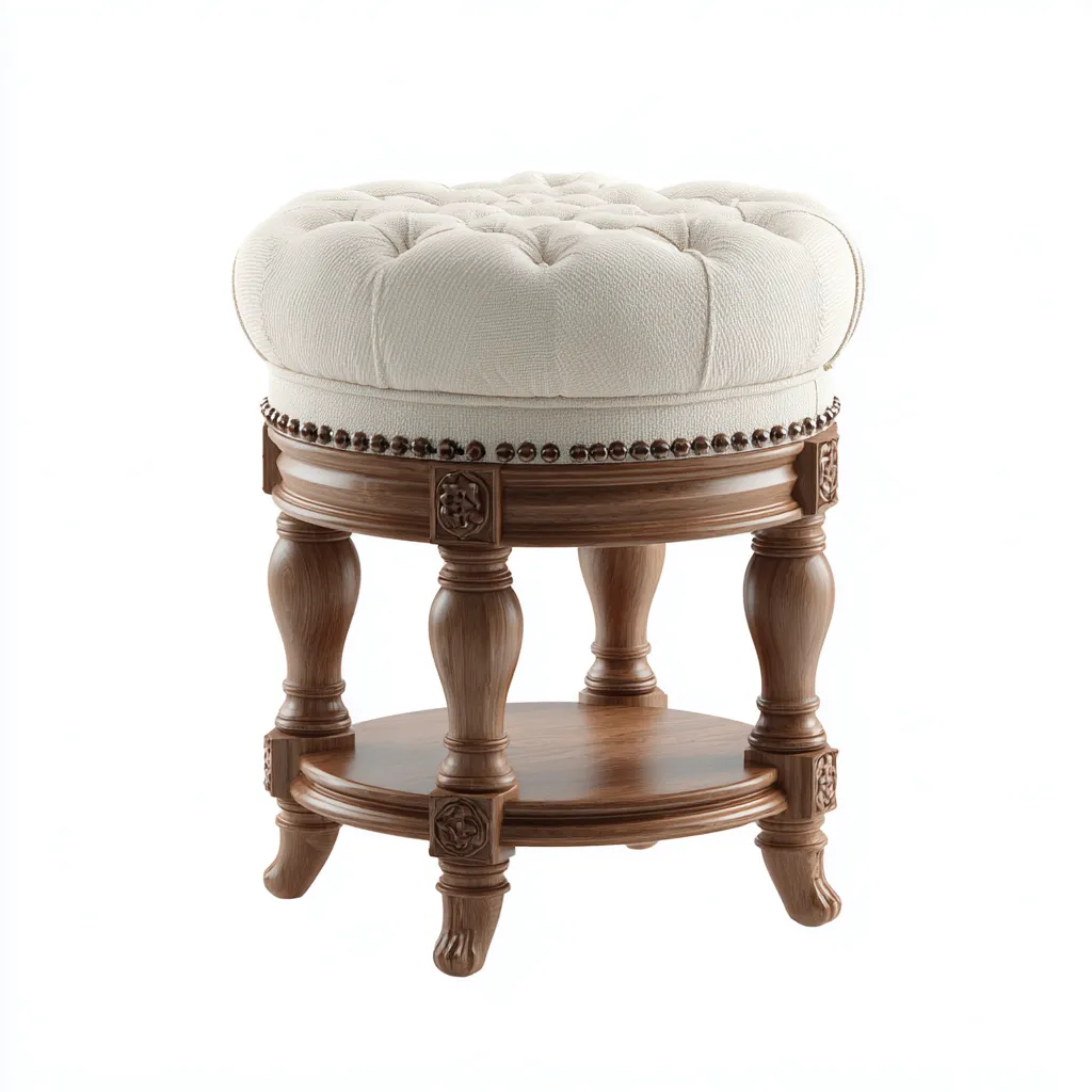 Tabouret capitonné en tissu et bois sculpté 40x40x48 cm - beige/chêne - style classique pour salon-Homelyio