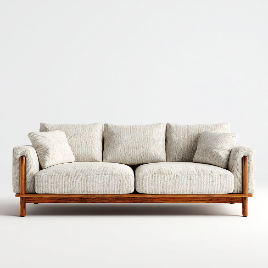 Canapé 3 places en tissu 210x95x90 cm - beige naturel - base en bois foncé pour salon-Homelyio