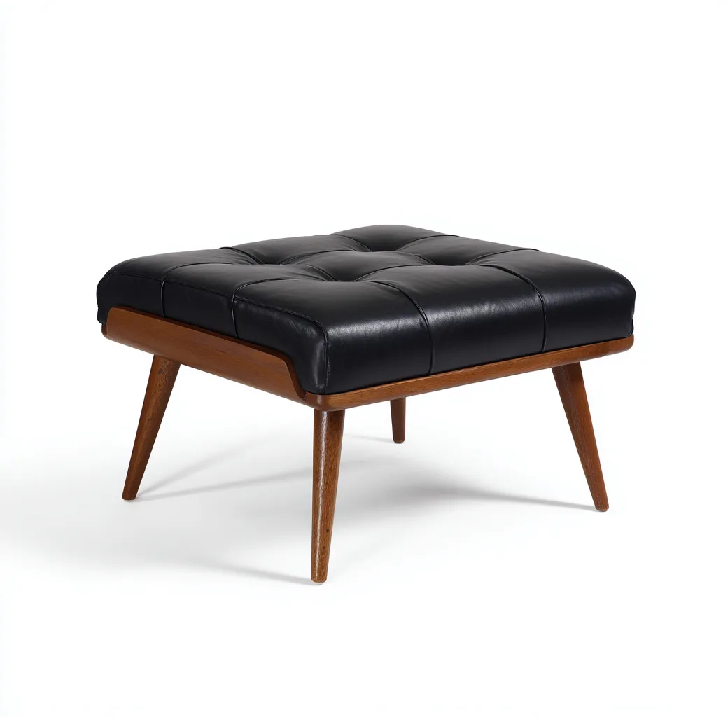 Tabouret capitonné en cuir synthétique noir et bois 55x55x42 cm - noir/noyer - style vintage pour salon-Homelyio