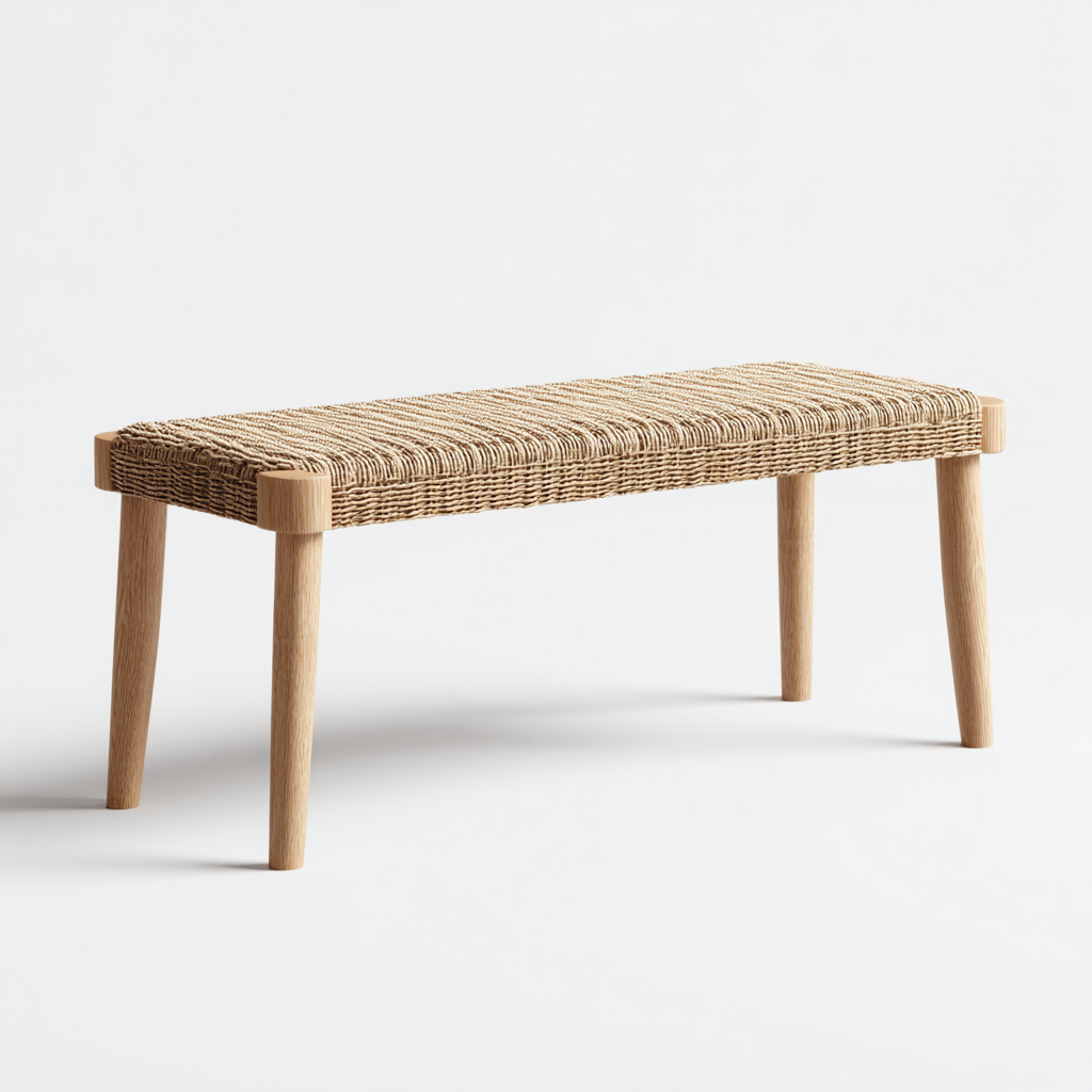 Banc de jardin en rotin tressé et bois 160x38x45 cm - beige clair/chêne clair - style bohème contemporain-Homelyio