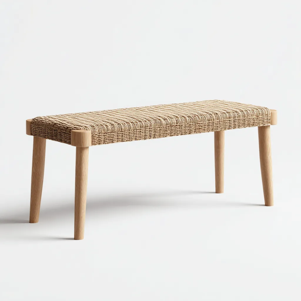 Banc de jardin en rotin tressé et bois 160x38x45 cm - beige clair/chêne clair - style bohème contemporain-Homelyio