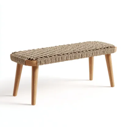 Banc de jardin en rotin tressé et bois 140x40x45 cm - beige/chêne clair - style naturel-Homelyio