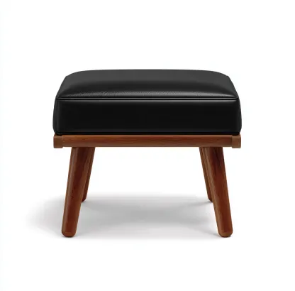 Tabouret en cuir synthétique noir et bois 50x40x42 cm - noir/noyer - style moderne pour salon-Homelyio