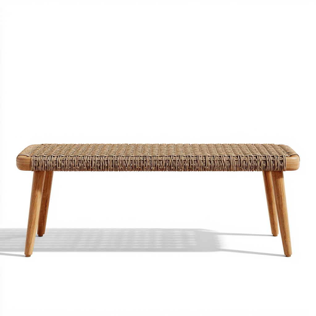 Banc de jardin en rotin tressé et bois 170x40x45 cm - beige/bois naturel - style bohème-Homelyio