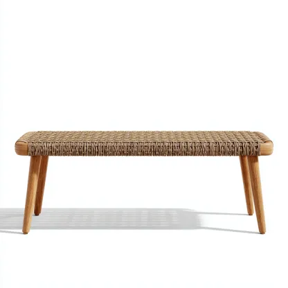 Banc de jardin en rotin tressé et bois 170x40x45 cm - beige/bois naturel - style bohème-Homelyio