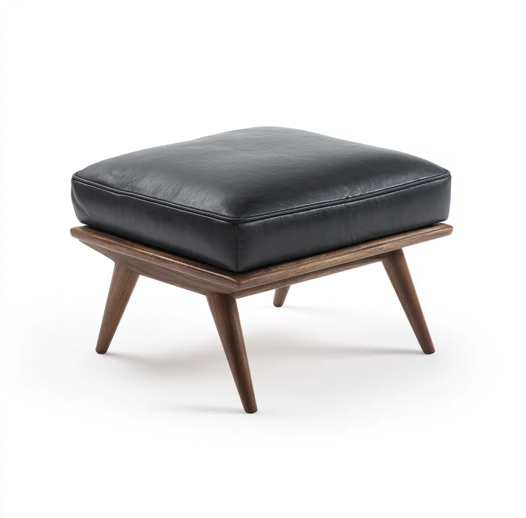 Tabouret en cuir et bois 55x45x40 cm - noir et noyer - style vintage pour salon-Homelyio