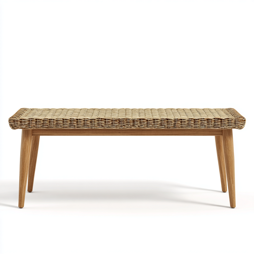 Banc de jardin en rotin tressé et bois 170x40x45 cm - beige/bois naturel - style bohème-Homelyio