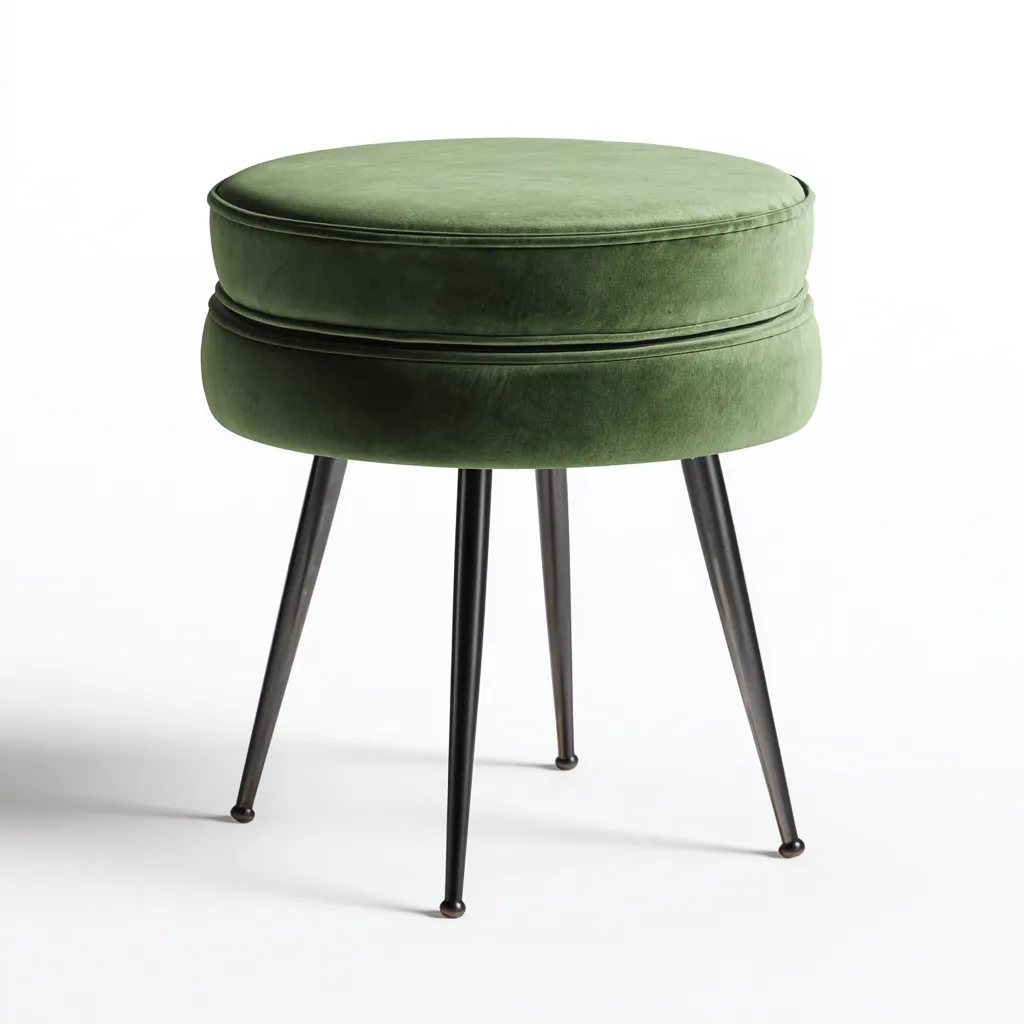 Tabouret en velours vert foncé et métal noir 40x40x48 cm - siège rond rembourré - pour salon-Homelyio