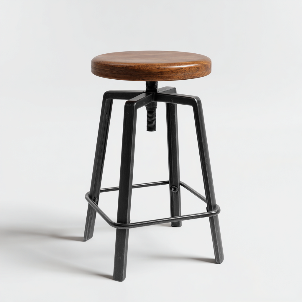 Tabouret en bois couleur noyer et métal noir 35x35x65 cm - siège rond réglable - pour salon-Homelyio