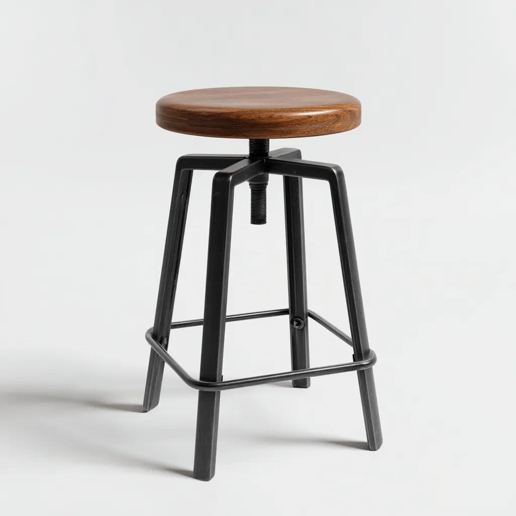 Tabouret en bois couleur noyer et métal noir 35x35x65 cm - siège rond réglable - pour salon-Homelyio