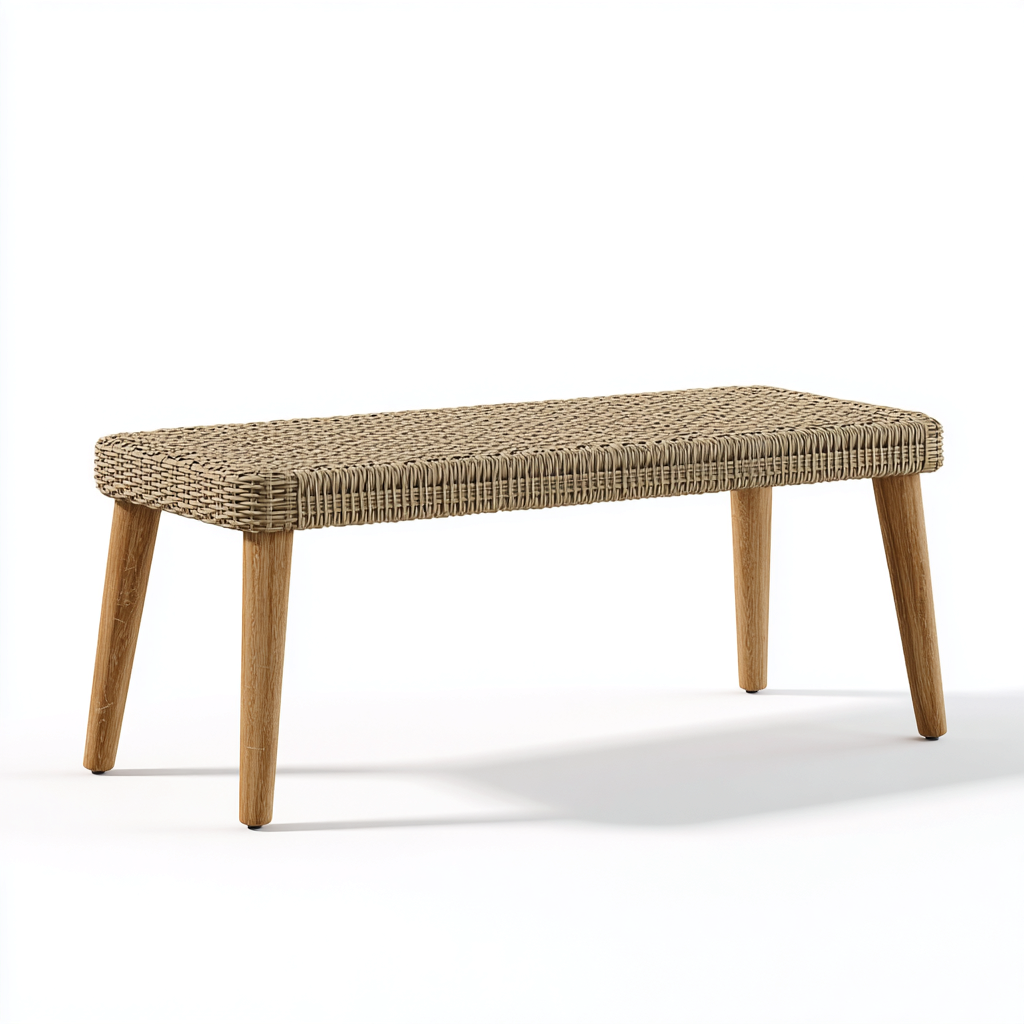 Banc de jardin en rotin tressé et bois 155x40x45 cm - beige/chêne clair - style naturel-Homelyio