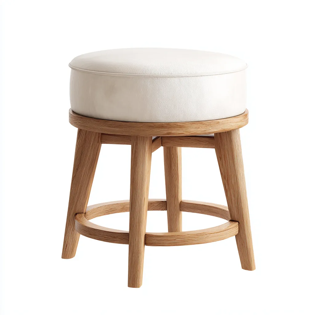 Tabouret en similicuir beige et bois chêne clair 40x40x47 cm - siège rond rembourré - pour salon-Homelyio