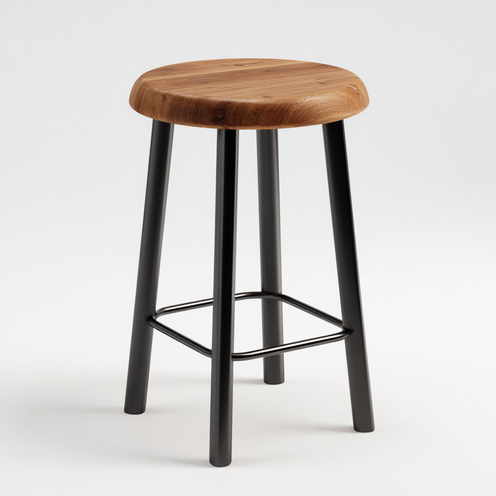 Tabouret en bois couleur chêne et métal noir 35x35x70 cm - siège rond - pour salon-Homelyio