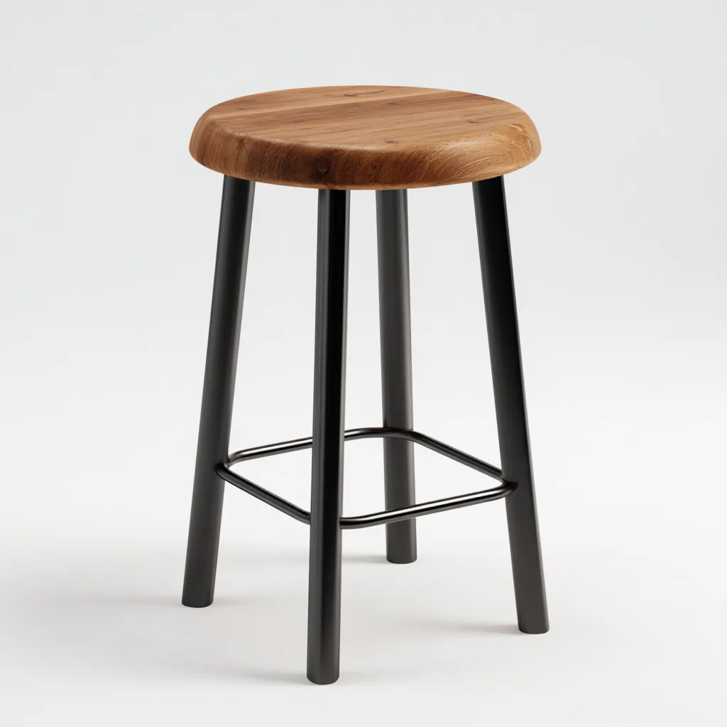 Tabouret en bois couleur chêne et métal noir 35x35x70 cm - siège rond - pour salon-Homelyio