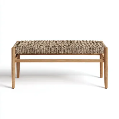 Banc de jardin en rotin tressé et bois 150x40x45 cm - beige/chêne clair - style bohème-Homelyio