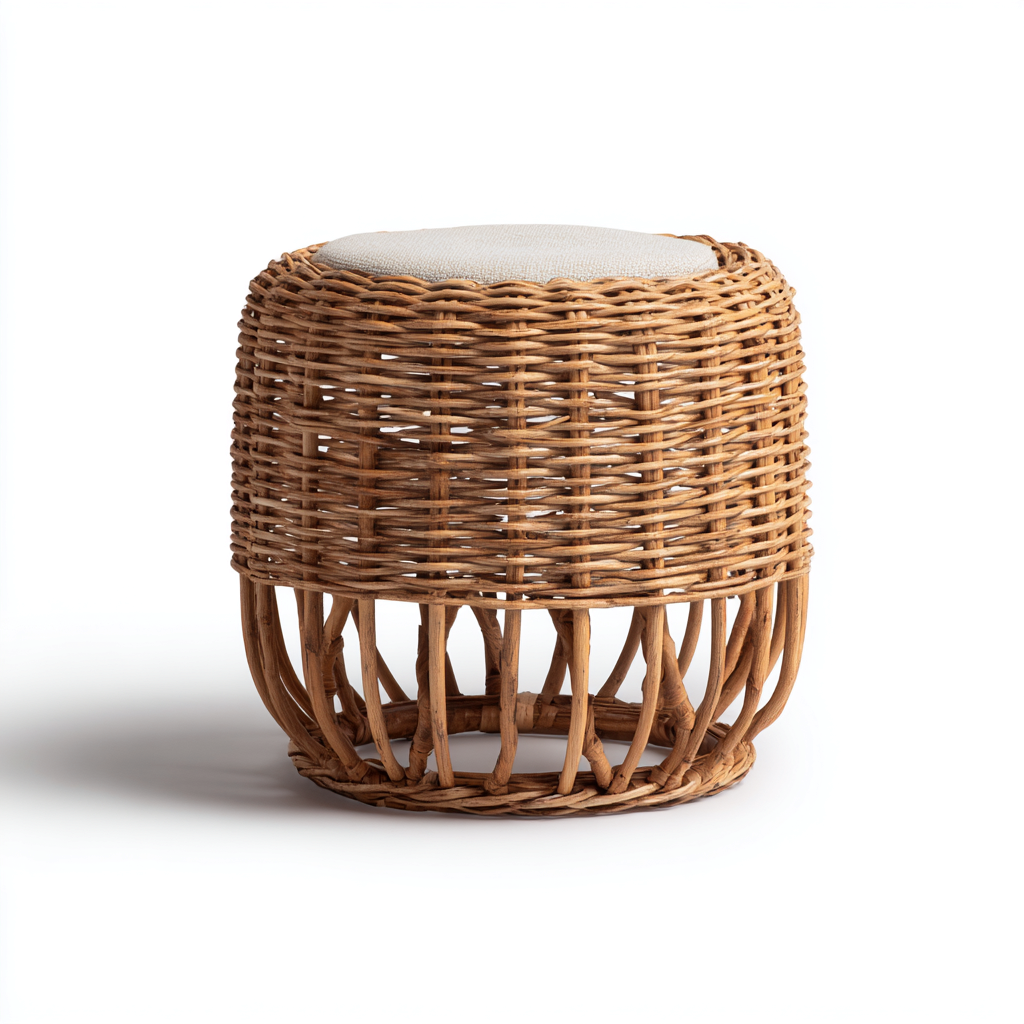 Tabouret en rotin tressé avec assise rembourrée 40x40x45 cm - marron clair/beige - style bohème pour salon-Homelyio
