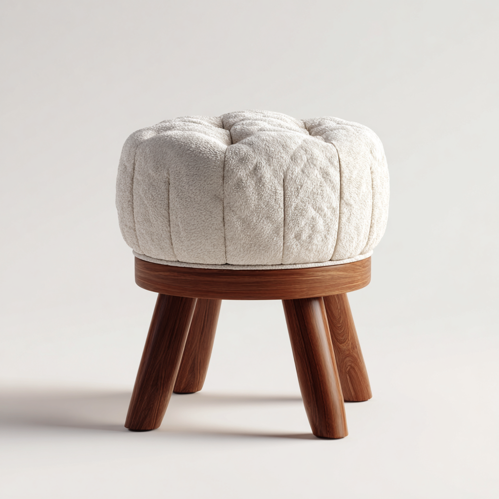 Tabouret en bois avec assise en tissu bouclette 40x40x45 cm - beige/noyer - design moderne pour salon-Homelyio