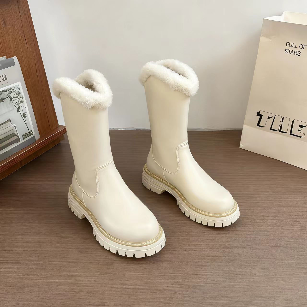 (⏳NOW ON: 70% OFF Sale! 🔥)Fur Women Mid Calf Boots Casual Flats Shoes Winter Snow Boots