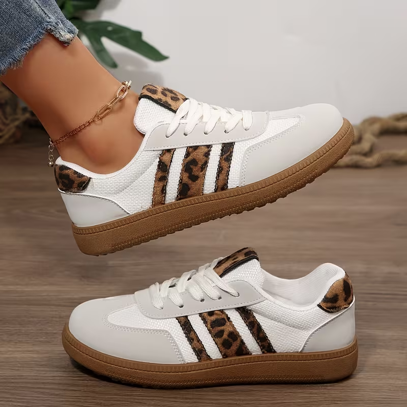 (⏳NOW ON: 70% OFF Sale! 🔥)Women's Leopard Print Mid-Top Sneakers - Casual All-Season Lace-Up with Upper & Cushioned Rubber Sole