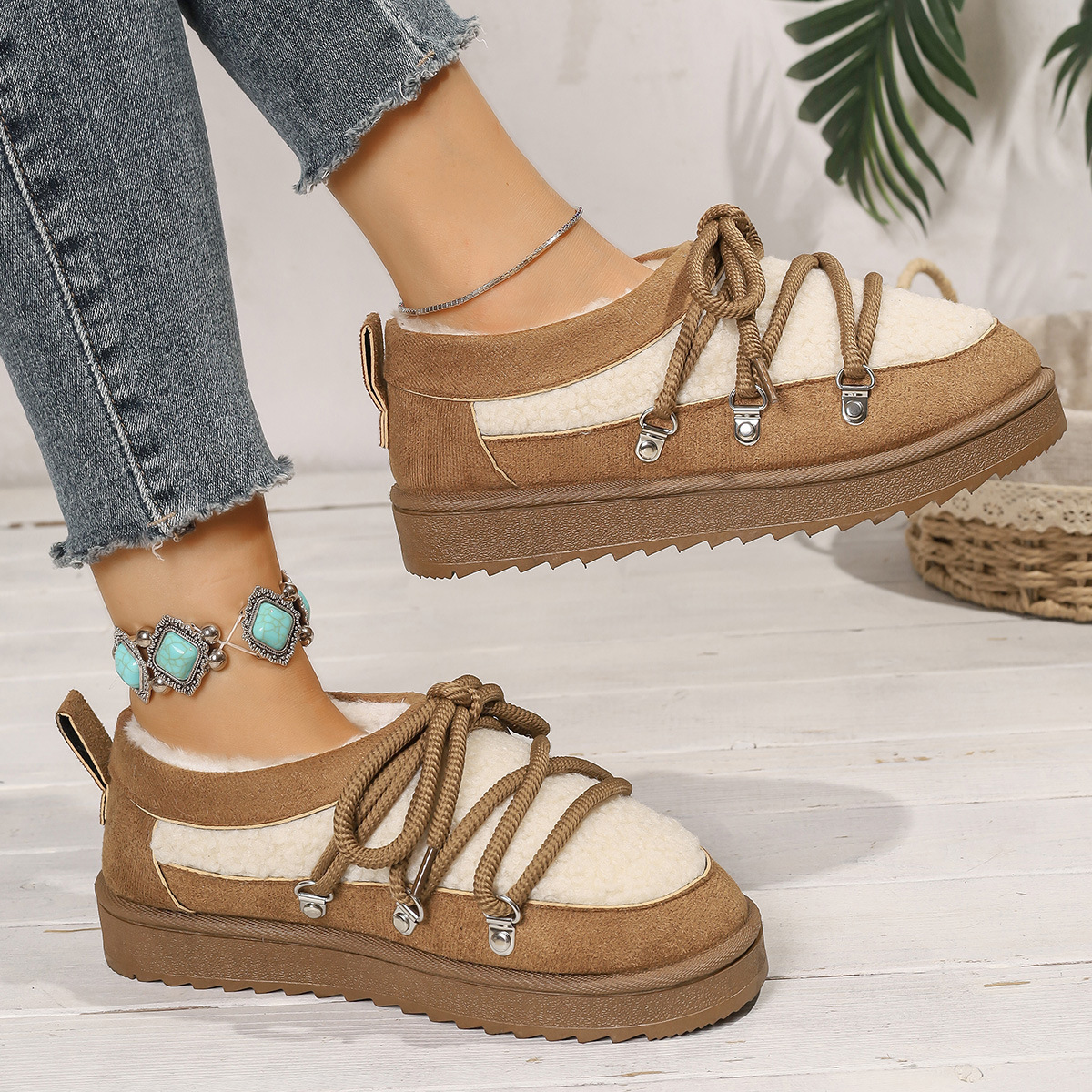 Women's Brown Faux Suede Fleece Lined Lace-Up Shoes – Cozy Winter Casual Flats for Outdoor, Travel and Cold Weather