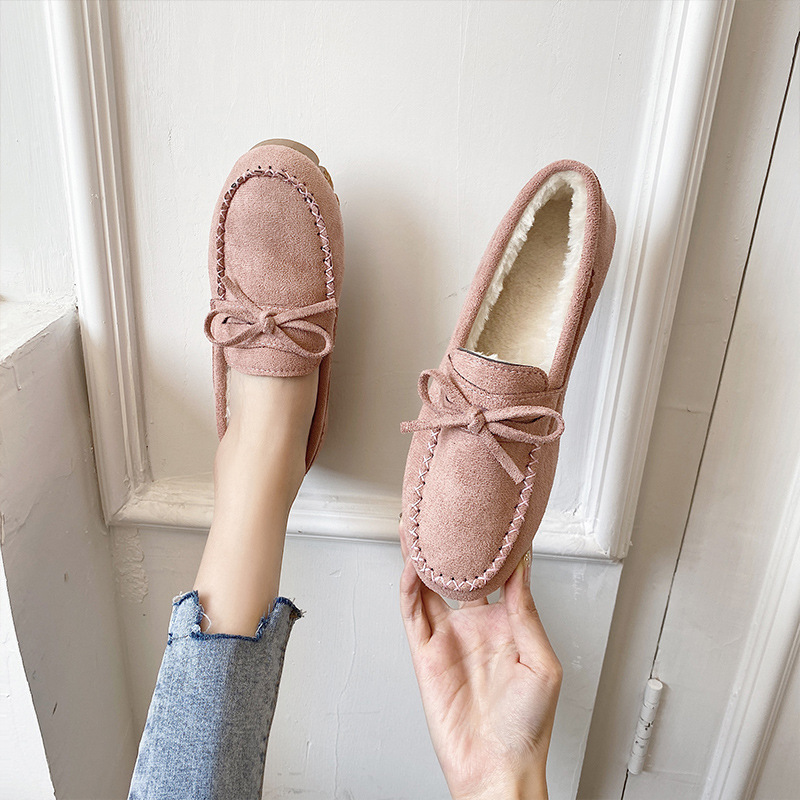 (⏳NOW ON: 60% OFF Sale! 🔥)Suede Moccasin Slippers Women's Warm Comfortable Low-Top Plush Slippers Slip-on Super Soft Winter Indoor Outdoor Flat Shoes Cosy Bow-Knot Loafers Slippers