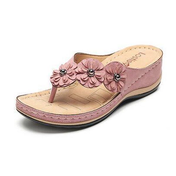 Floral Applique Wedge Thong Sandals – Slip-On with Arch Support