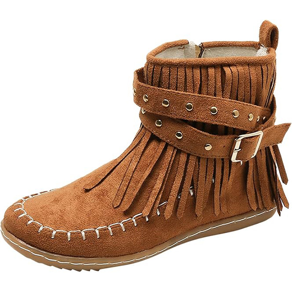 (⏳NOW ON: 70% OFF Sale! 🔥) Women’s Fall/Winter Retro Suede Fringe Moccasin Ankle Boots – Tassel, Studded, Non-Slip