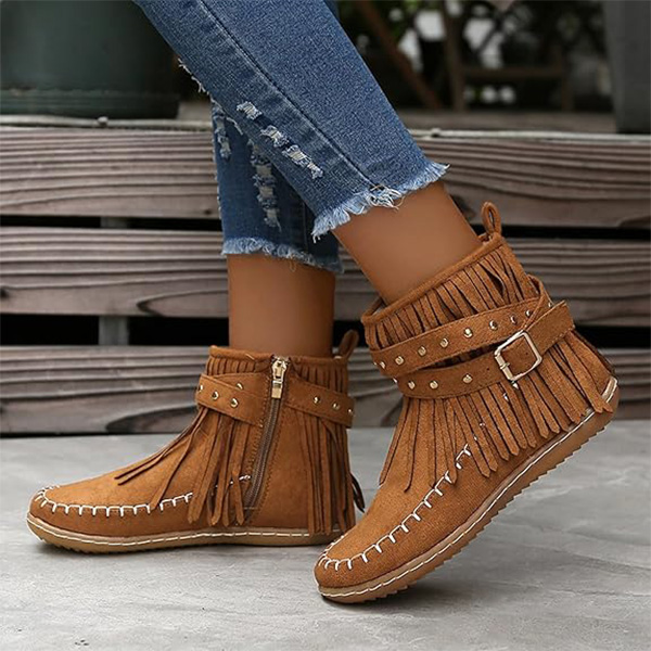 (⏳NOW ON: 70% OFF Sale! 🔥) Women’s Fall/Winter Retro Suede Fringe Moccasin Ankle Boots – Tassel, Studded, Non-Slip