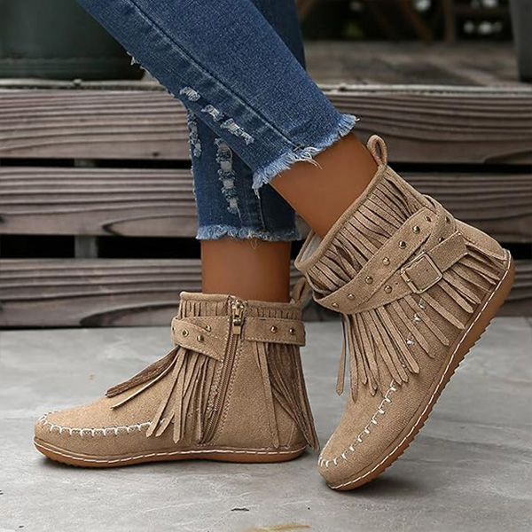 (⏳NOW ON: 70% OFF Sale! 🔥) Women’s Fall/Winter Retro Suede Fringe Moccasin Ankle Boots – Tassel, Studded, Non-Slip