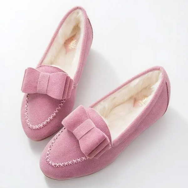 (⏳NOW ON: 70% OFF Sale! 🔥)Suede Plush Bowknot Flats for Women - Solid Winter Slip-On Loafers, Comfy Moccasins, Handsewn Pointed Toe, Height Increasing Shoes