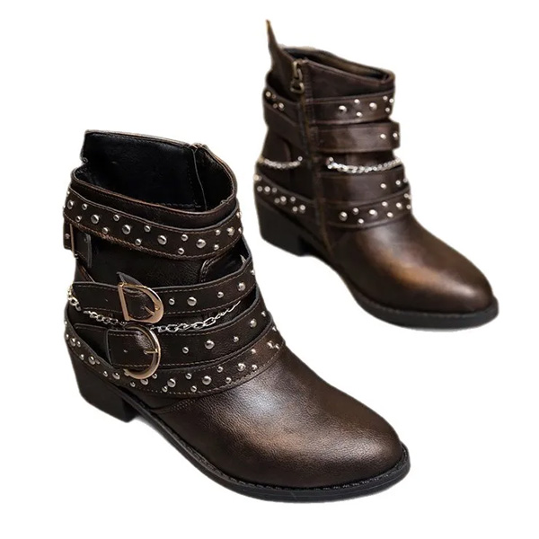 (⏳NOW ON: 60% OFF Sale! 🔥)Women's Cowboy Ankle Boots Western Rivet Buckle Zipper Pointed Toe Motorcycle Leather Wedding Dress Shoes Chunky Block Heels Booties
