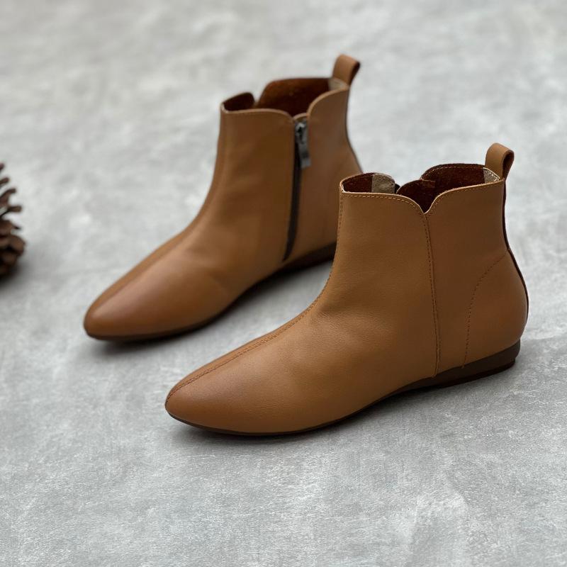 Women Leather Ankle Boots Solid Color Short PU Casual Low Heels Pointed Toe Solid Wide Calf Pull-Up Tabs Boots