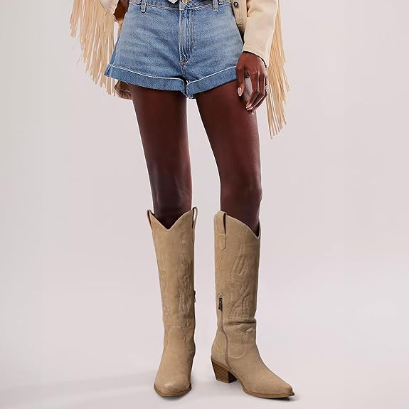Knee High Cowboy Cowgirl Boots for Women, with Unique Embroidery, Side Zipper and Chunky Heel Design