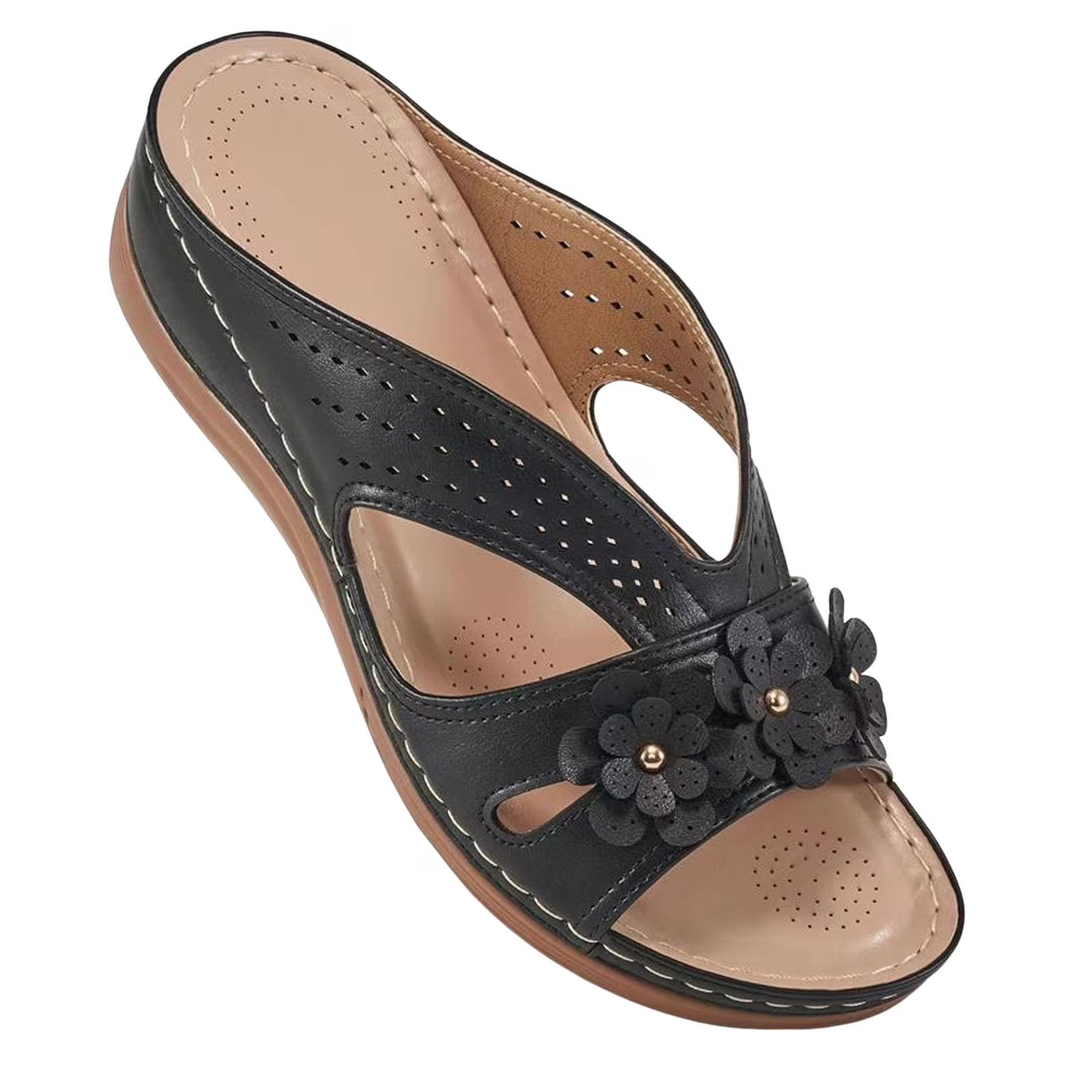 Wedge-heeled Thick-soled Hollow Rivet Flower Slippers