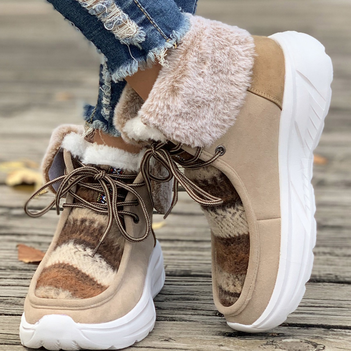 Women's Plush Suede Patched Lace Up Ankle Boots