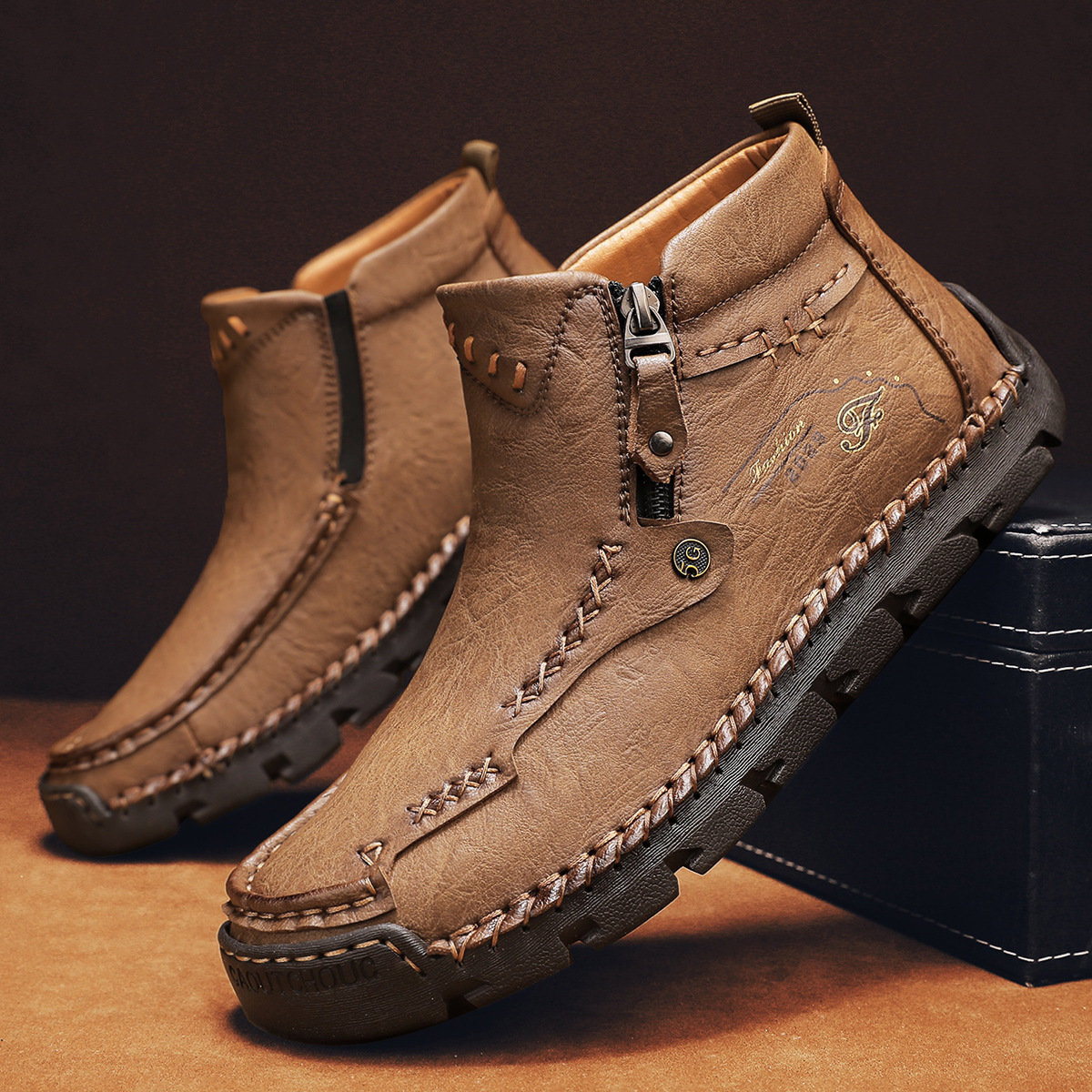 (⏳NOW ON: 50% OFF Sale! 🔥)Men's Top-Quality Motorcycle Boots Hand-Stitched Genuine Leather Boots-Wide Toe, Waterproof, Anti-Slip, Anti-Sprain, Suitable for Work, Driving, Hiking
