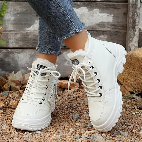 Women's Chunky White Sneakers – Winter Boots with Waterproof Artificial Leather and Fleece Lining