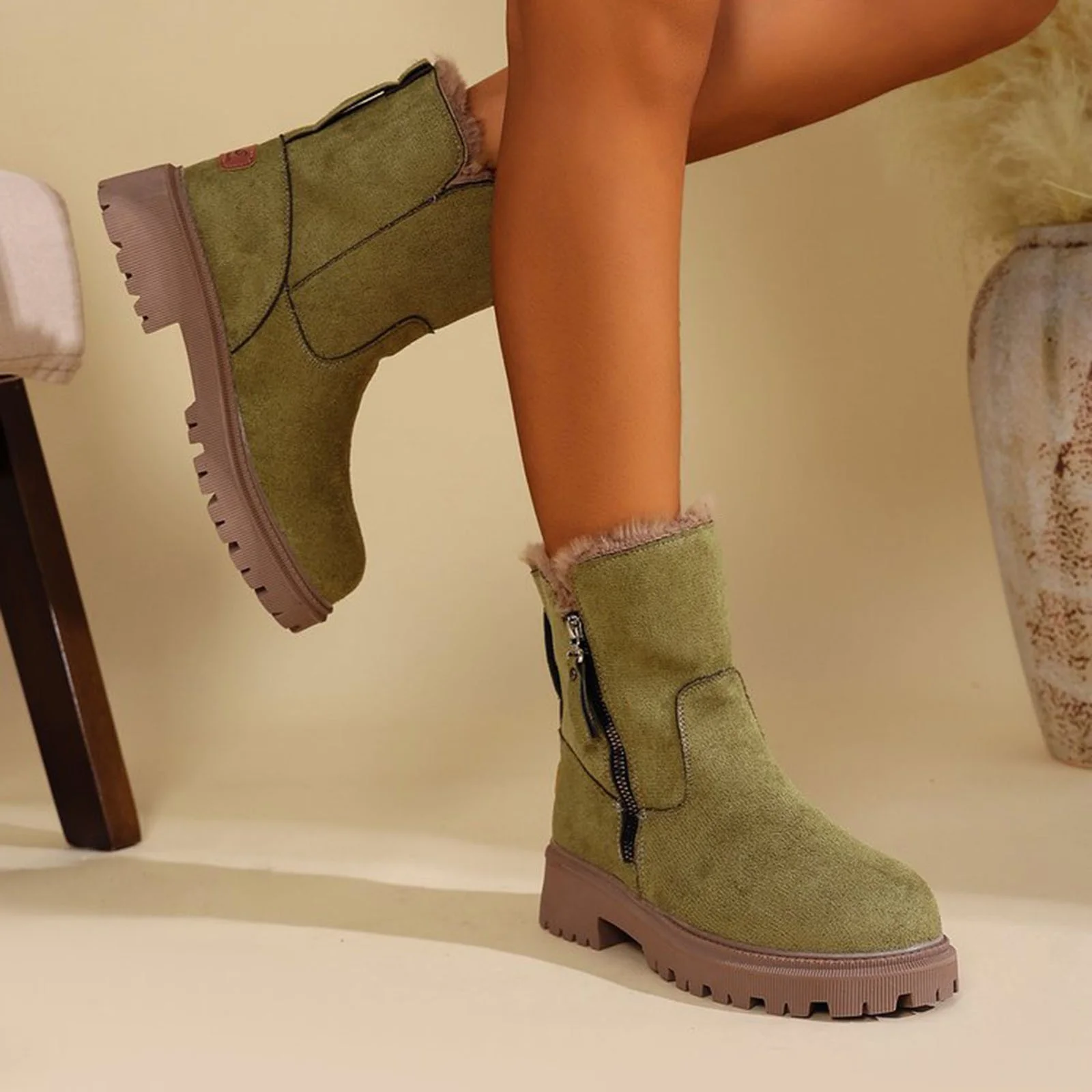 Thermal Winter Boots for Women Warm Furry Lined Mid Calf Boots