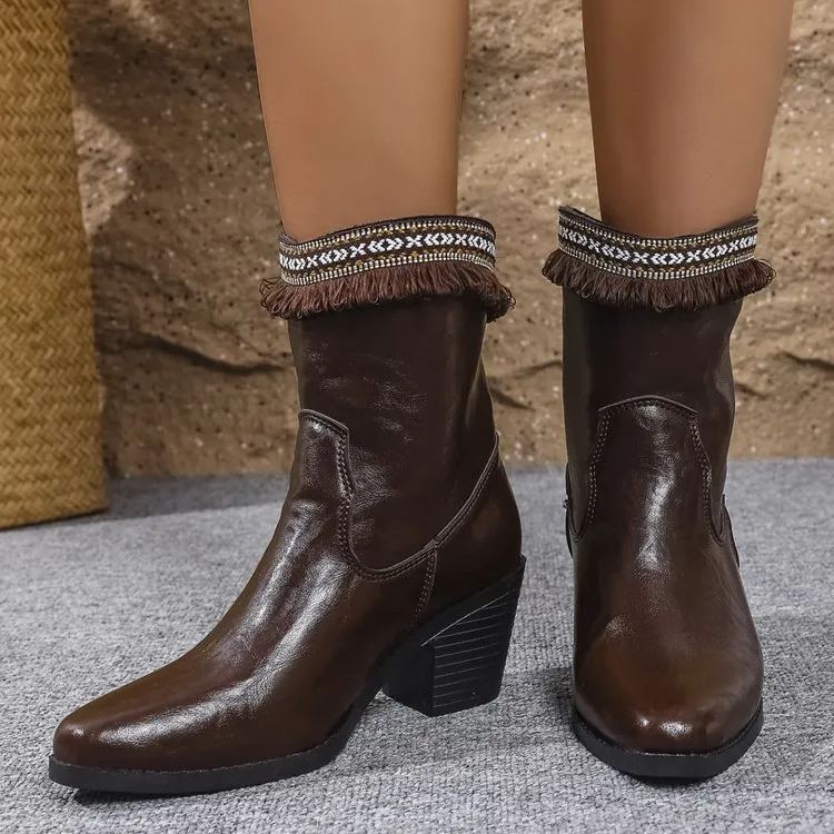 (⏳NOW ON: 60% OFF Sale! 🔥)Women's Western Cowgirl Ankle Boots Block Heel Cowboy Booties Steel Toe Heeled Short Cowboy Boots Side Zipper Western Booties for Women