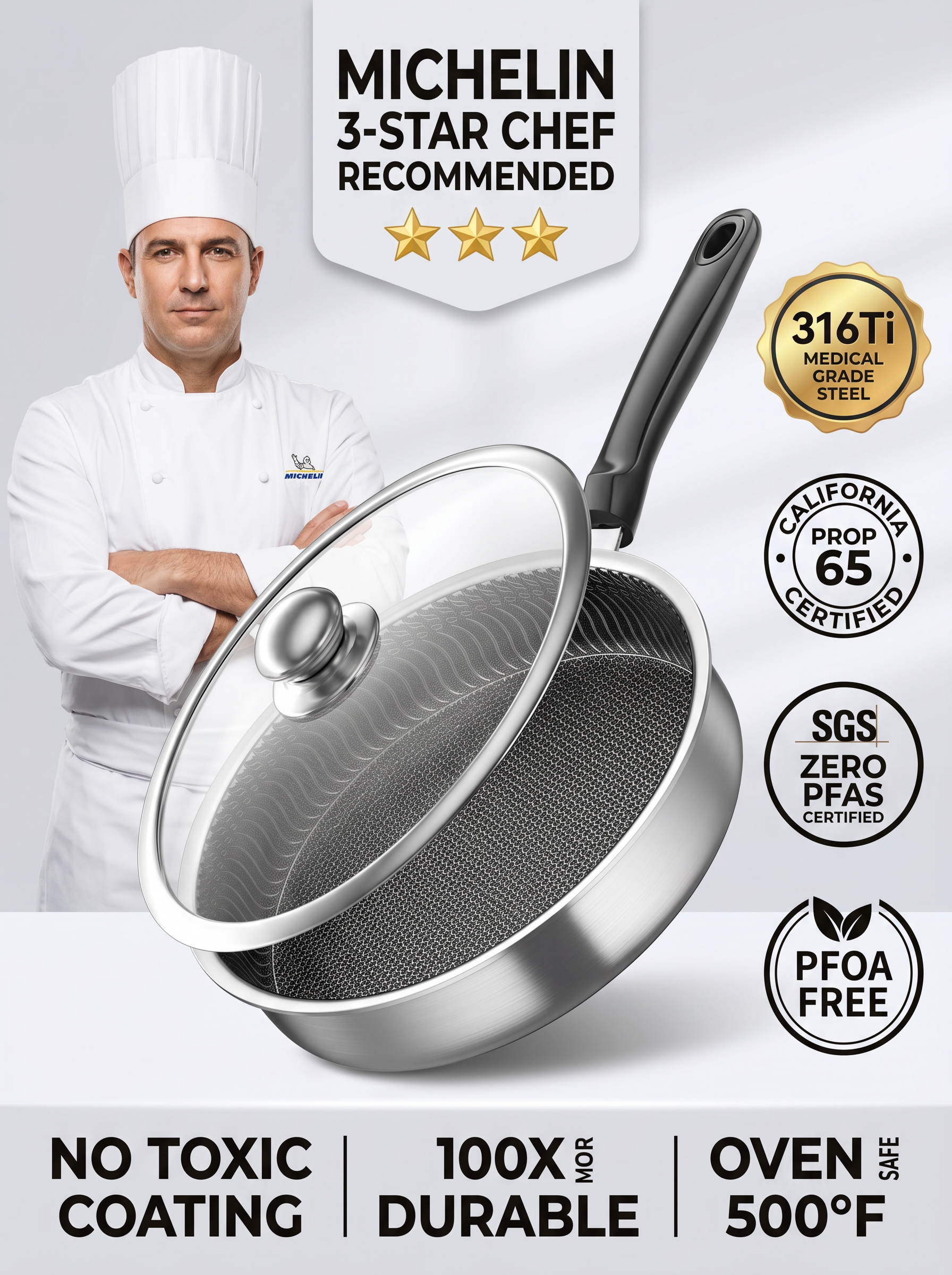 No toxic coatings! Germany made. Michelin-Stainless steel frying pan. Massive discount now!