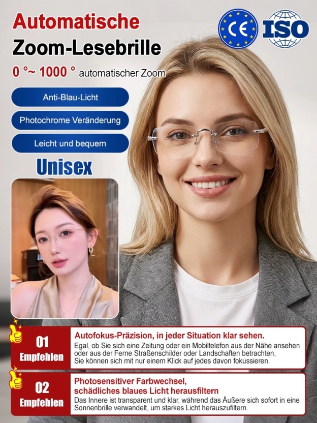 Fotosensible, farbwechselnde, ultraleichte randlose Lesebrille.Ultraleichte 